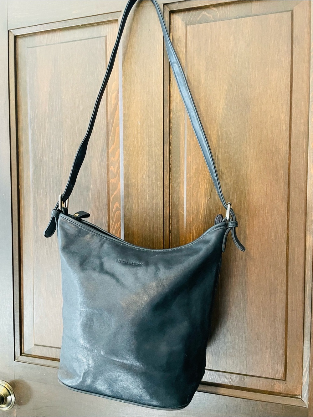 Vintage Medallion Black Leather Shoulder Hobo Bucket Bag with Adjustable Strap